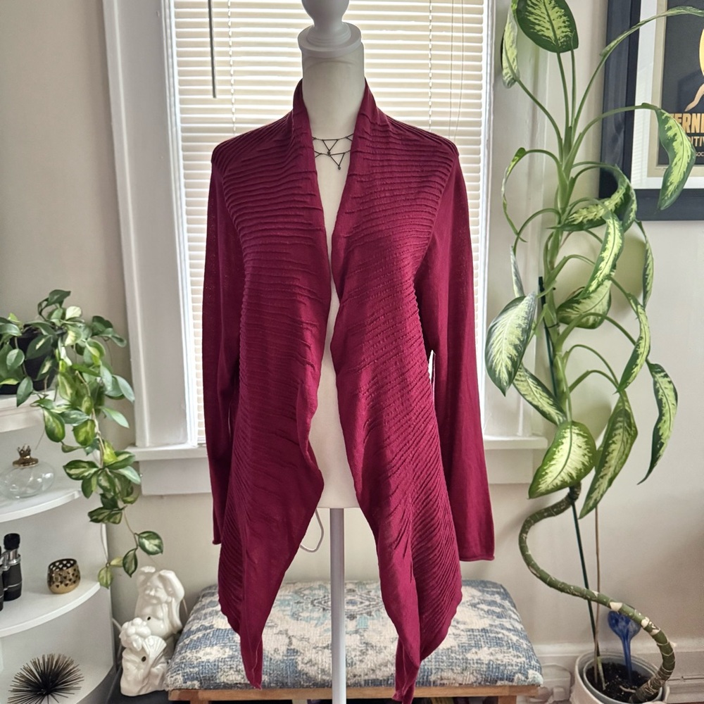 Eileen Fisher Ribbed 100% Merino Wool Deep Maroon Open Front Cardigan Size L
